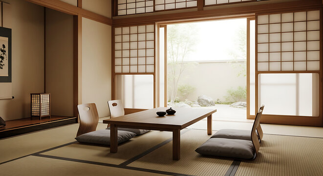 Serene traditional Japanese room with tatami mats shoji screens and a low wooden dining table. Minimalist Interior Design