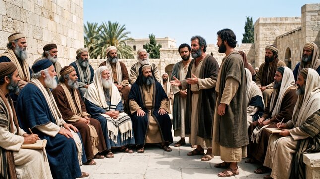 Peter and John standing before the Sanhedrin council. Apostles testifying to Jewish leaders and priests in Jerusalem. Biblical scene from Acts of the Apostles, gospel ministry narrative.