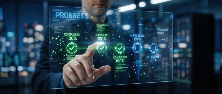 Progress tracking dashboard business office digital interface high-tech environment interactive viewpoint project management concepts for enhanced workflow efficiency