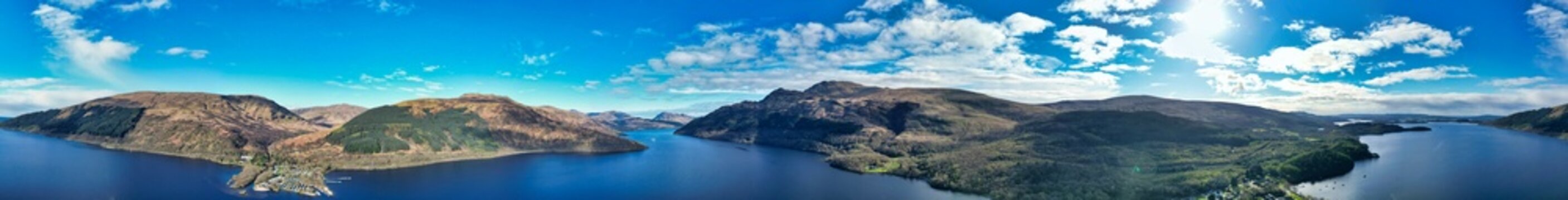 Panoramic Aerial View of Balmaha Valley Landscape Near Glasgow During Sunset Over Scotland, United Kingdom