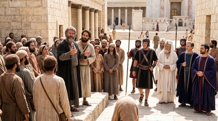 Obraz premium Apostle Peter and John preaching to people in Jerusalem temple court while facing confrontation by Sadducees and guards. Biblical scene from Acts of the Apostles showing faith and conflict.
