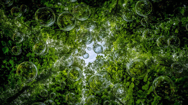 O2 bubbles in the middle of a lush forest are a metaphor for the purifying processes of air through nature. plants absorb carbon dioxide and release oxygen into the air. oxygen release concept