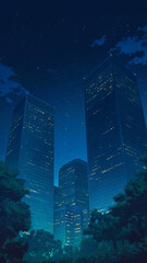 Obraz premium 星が輝く夜空と都市の灯りが広がる景観を描いた背景イラスト素材で、高層ビルと住宅街のバランスが美しい夜の街並みを表現した高品質ビジュアル