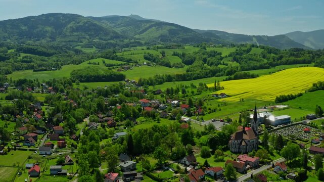 Aerial reveal drone shot of lysa mountain in czech beskydy in summer
