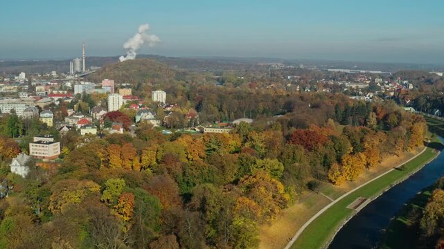 Aerial drone shot over park in ostrava city center in fall