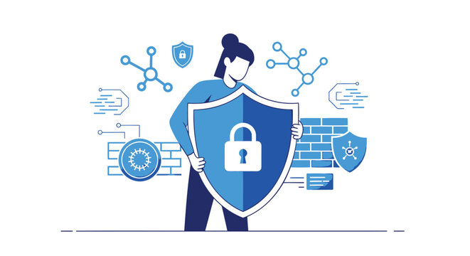 Cybersecurity, shield icon, data protection, security concept, blue vector graphics