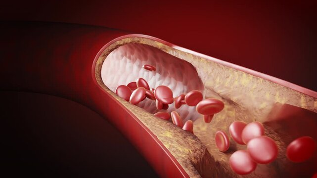 Red blood cells in an artery or blood vessel , flow inside body, medical human health-care. 3D Rendering.Blood cells in motion within an artery, showcasing scientific research, cardiovascular health
