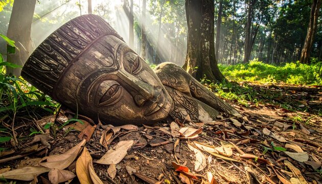 A weathered wooden effigy rests serenely in a sun-dappled forest amongst fallen leaves