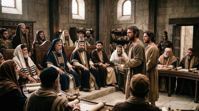 Apostle Peter and apostle John standing before the high priest and religious leaders in the temple. Biblical scene representing trial and testimony in the New Testament of the Bible.