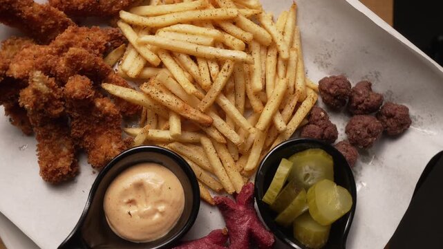 Delicious plate of chicken fingers and french fries with a dipping sauce isolated on a white background, fa01