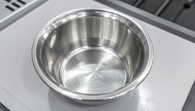 A small, lustrous platinum crucible sitting empty on a heat-resistant ceramic tile, showcasing laboratory equipment.