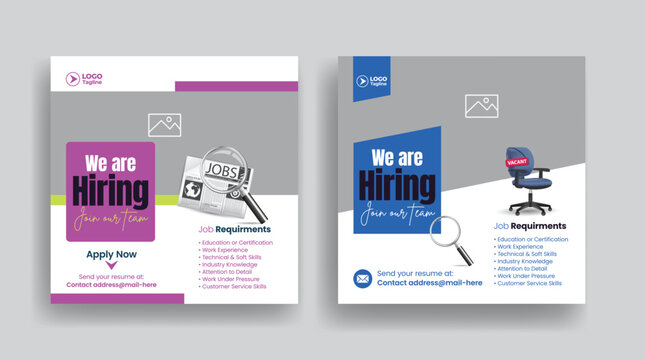 Career opportunity job hiring recruitment notice we are hiring social media posts, square flyer poster web banner corporate hiring ads join team minimal business marketing template global workforce