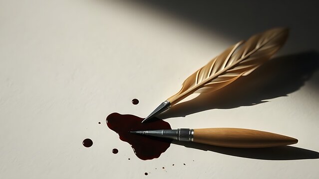 A broken quill pen lies beside a spilled ink pool on aged parchment, symbolizing a silenced voice.