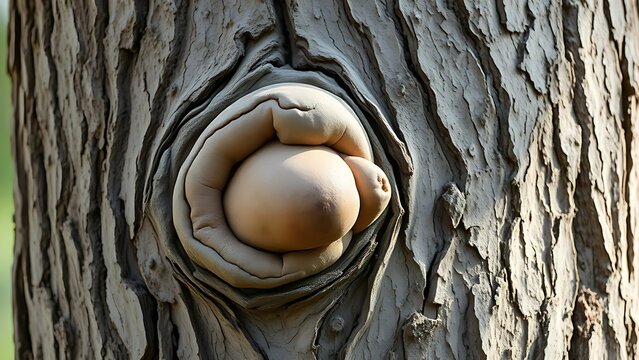 Tree trunk with swollen growth formation and intricate crack patterns on bark.