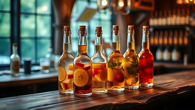 A rustic tavern bar top with glass bottles of fruit-infused schnapps under soft ambient lighting.