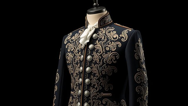 An ornate charro suit displayed on a mannequin, detailed embroidery and silver.