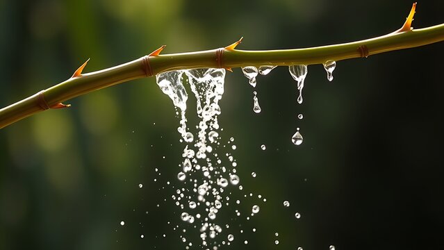 A flexible bamboo branch recoiling, flinging water droplets into the air.