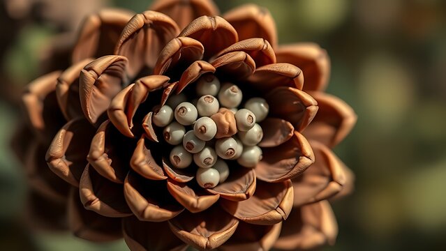 A pine cone with parted scales revealing tiny pearl-like ovules inside, botanical focus.