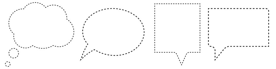 Obraz premium Clean vector set of four distinct speech bubble shapes with dotted outlines thought cloud rounded bubble square bubble and rounded rectangle bubble. Ideal for social media graphics or web design.