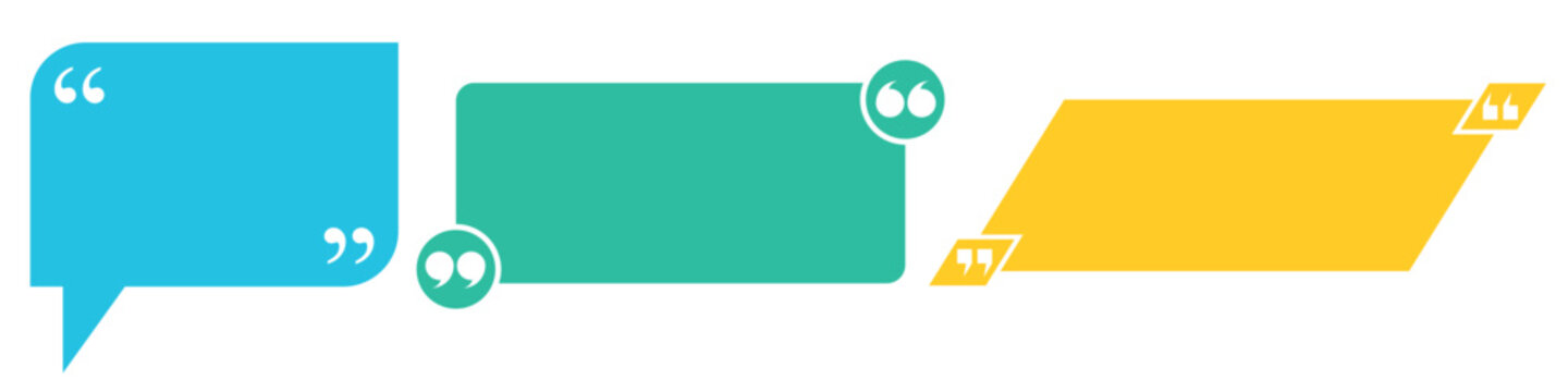 Vibrant vector set of three quote and speech elements blue bubble with quotes green rectangular frame with circular quote icons, yellow parallelogram frame with corner accent.