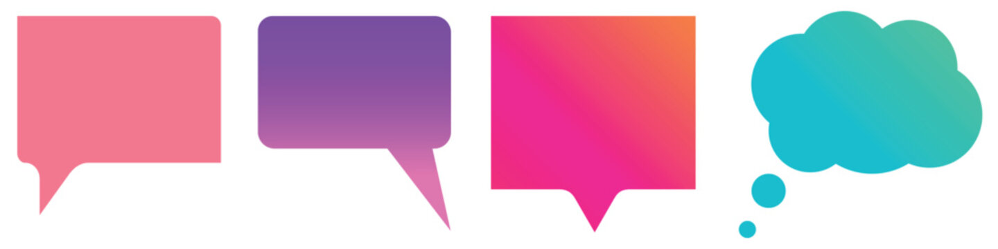 Vibrant vector set of four speech and thought graphics pink rectangular speech bubble purple gradient rounded bubble red orange gradient bubble, teal thought cloud with trailing dots.