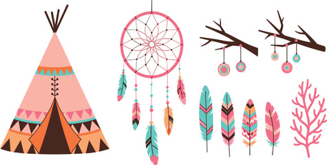 Boho Tribal Elements Set with Teepee Dreamcatcher Feathers and Decorative Branch Ornaments Ethnic Native Style Vector Illustration Collection. © MstSuborna