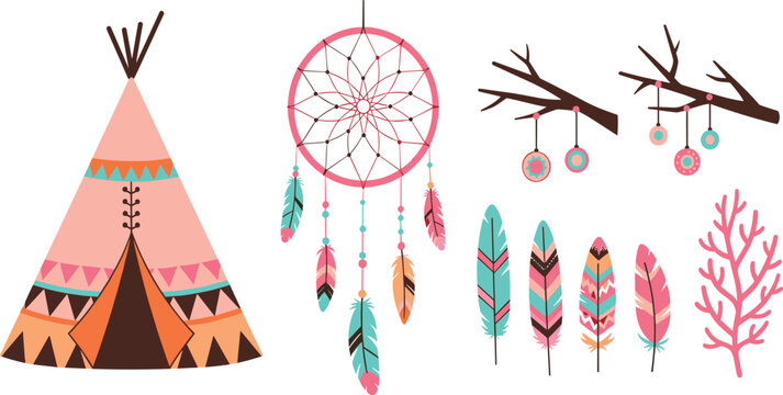 Boho Tribal Elements Set with Teepee Dreamcatcher Feathers and Decorative Branch Ornaments Ethnic Native Style Vector Illustration Collection.