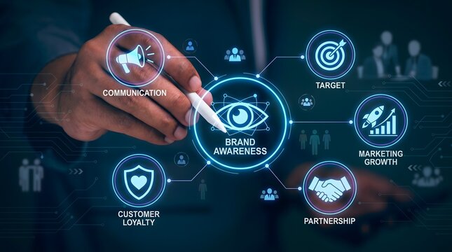 Conceptual digital illustration of brand awareness strategy with icons representing communication, customer loyalty, target, marketing growth, and partnership, signifying business success