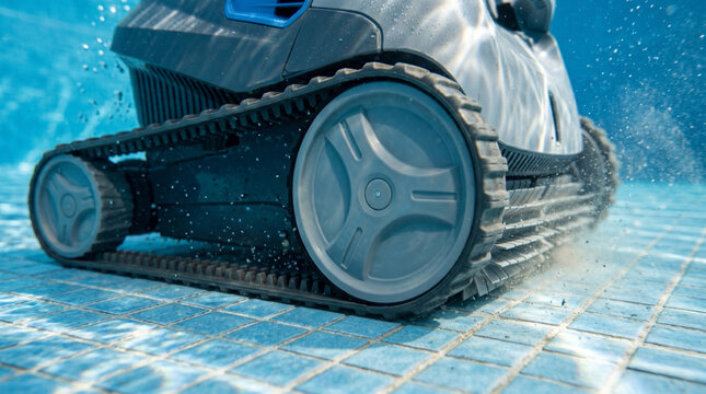 Close-up of an automatic pool cleaner robot working underwater on the bottom of a swimming pool with clean blue water, maintenance and hygiene concept