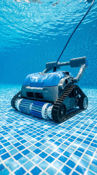 Close-up of an automatic pool cleaner robot working underwater on the bottom of a swimming pool with clean blue water, maintenance and hygiene concept