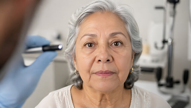 doctor using penlight to examine eyes of senior woman patient in medical clinic during ophthalmology checkup appointment