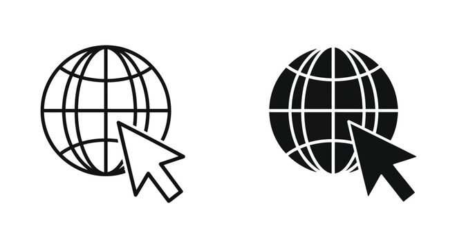 Minimalist globe icons with mouse cursor arrow representing global internet connectivity, website navigation, and digital communication for business and technology interfaces