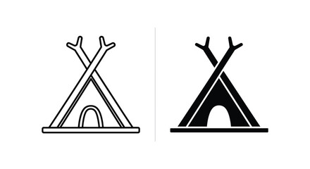 Minimalist teepee and wigwam icons in outline and solid black styles for camping, travel, and indigenous culture design projects © JAKEYA
