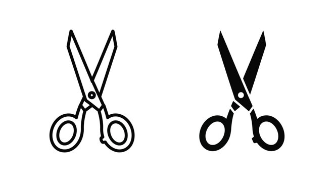 Set of two minimalist scissor icons featuring outline and solid silhouette styles for tailoring, school supplies, craft projects, and digital editing interfaces