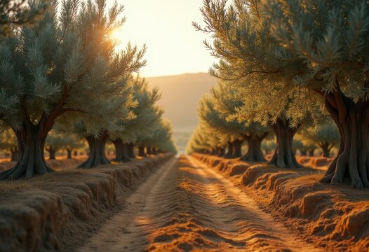 Olive Tree Orchard with Silvery Gray Foliage Surrounded by Serene Fields and Gentle Hills