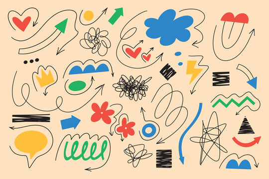 Marker scribble elements collection. Different shapes and arrows in bauhaus sketch style. Good for design and decoration. Isolated on colored background.