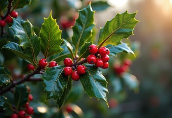 Fototapeta premium Spiny Holly Tree with Glossy Green Leaves and Bright Red Berries Glimmering Under Winter Sunlight