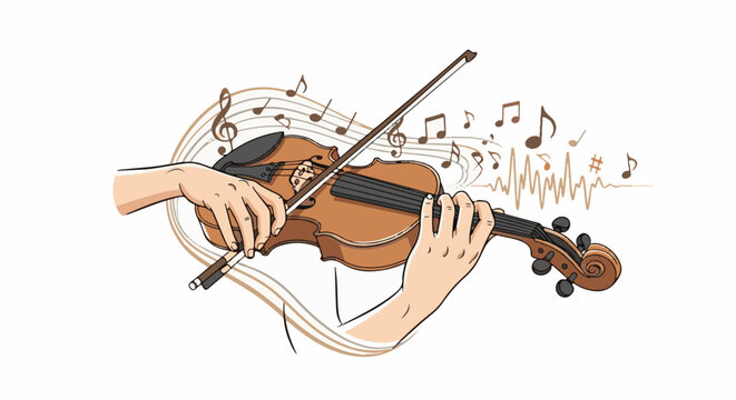 Illustration of hands playing a violin with musical notes and sound waves