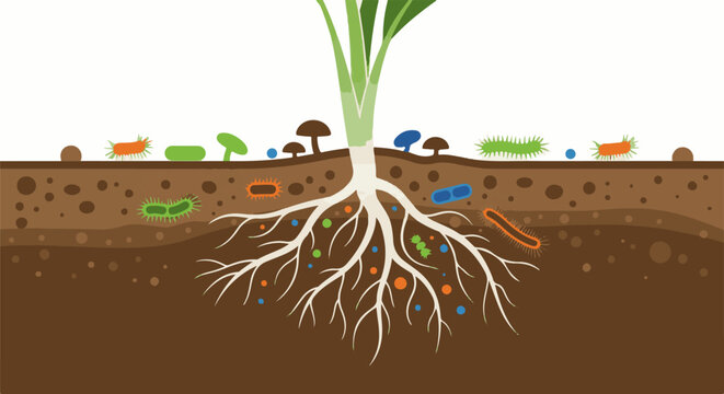 Illustration of plant roots interacting with soil microbes and fungi
