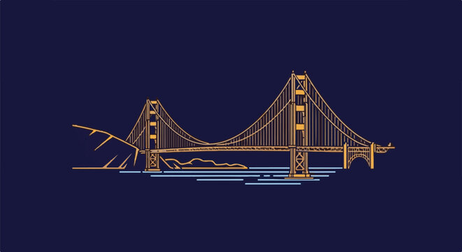 Iconic suspension bridge spanning a body of water with mountainous terrain in the background