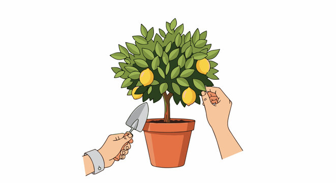 Hands tend a potted lemon tree, one holding a trowel and the other picking a ripe fruit