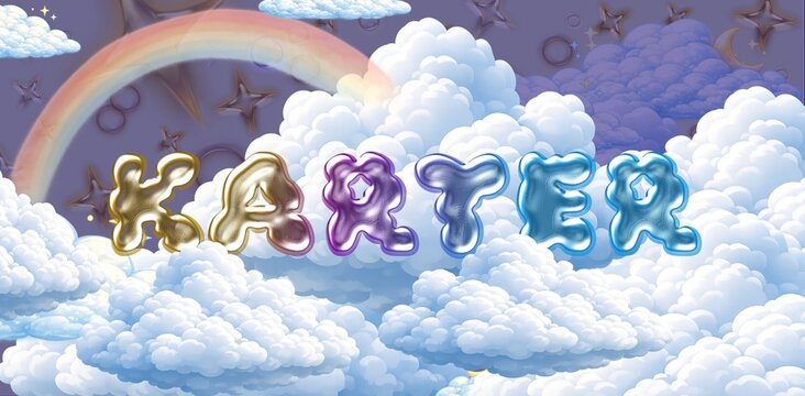 Karter name. Colorful 3D Cloud Fantasy Background with Glossy Balloon Letters. Dreamy Sky, Stars and Soft Clouds Illustration.
