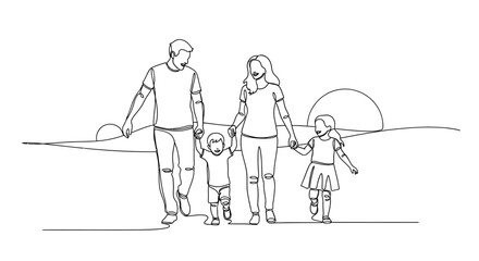 Happy Family Walking Together Holding Hands Outdoors Line Art © Akun
