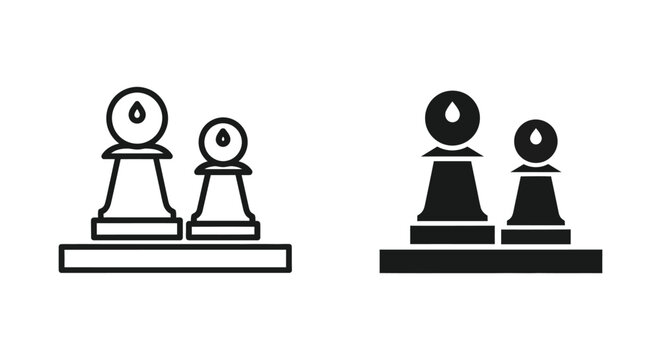 Minimalist chess bishop vector icons in outline and solid black styles representing strategic leadership, logical planning, and competitive game design.