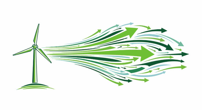 Green wind turbine generates numerous directional arrows in a flowing motion