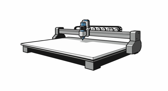 Flatbed cutting plotter with tool head positioned over blank surface for material processing