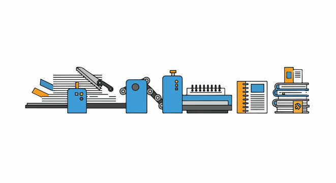 Illustration of an automated book printing and binding process
