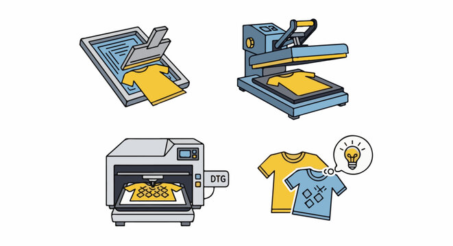 Illustration of four methods for printing designs onto t-shirts, including screen printing and digital methods