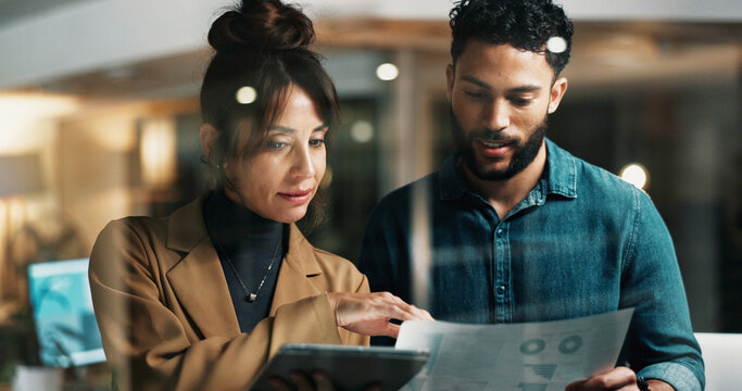 Business, people and tablet with document at night for research, data analysis and finance report. Team, digital and paperwork with statistics, financial comparison and working late for profit growth