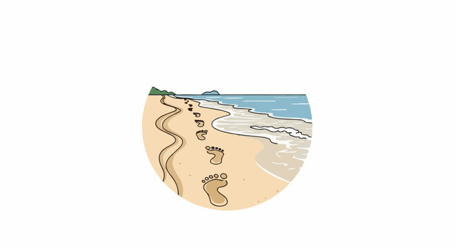 Footprints lead across a sandy beach to the ocean with distant hills
